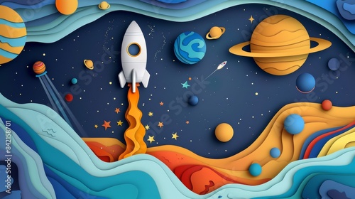 As shown in the paper art style of this flat-style modern illustration, a rocket is flying in space.