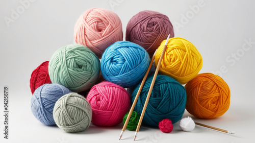 Create an image of an assortment of yarn balls in various colors and sizes, arranged neatly against a clean, white background. The yarn should appear soft and vibrant, showcasing a range of textures