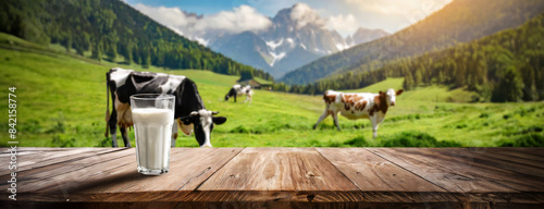 Obraz na płótnie A glass of milk on a wooden table with an alpine green meadow and cows grazing on field. Blurred mountains in the background, evoking a fresh and natural feeling. Panorama with copy space. w salonie