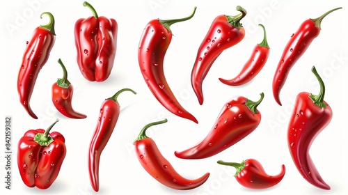Set of red and yellow hot chili peppers, with bright green jalapenos all cut in half, shown in top and side views, isolated on a transparent background