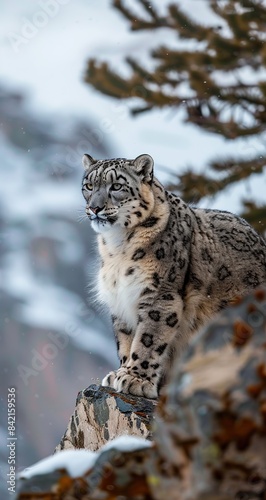 Snow leopard in the mountains. Copy space