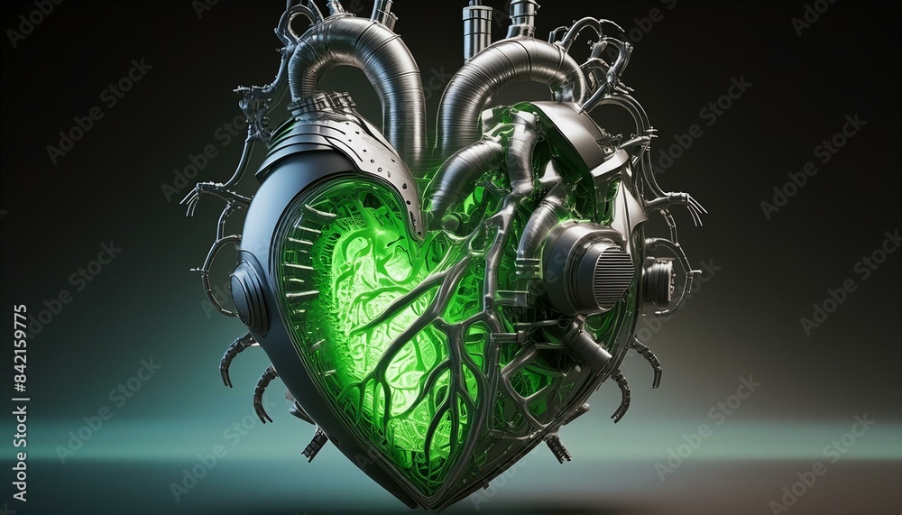 Obraz premium A biomechanical heart with sinewy metal tendrils and organic tissue fused together, pulsating with life.