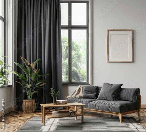 The frame mockup is rendered in 3D against a cozy dark room interior background