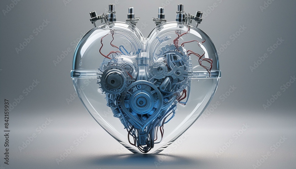This is a heart-shaped core made of transparent glass. It showcases a complex network of gears and wires. This is a heart-shaped core made of transparent glass. It showcases a complex network of gears and wires.