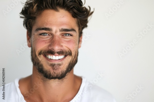 This close-up photo of a handsome man smiling with clean teeth was used for a dental advertising campaign. He has fresh haircut and beard with strong jawline. It's isolated on a white background.