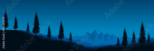 blue night mountain landscape scenery with tree silhouette vector illustration for background  wallpaper  background template  backdrop design  advertising  ads  and business 
