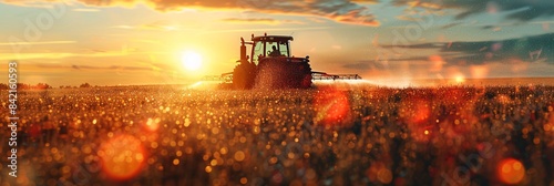 irrigation tractor driving spraying or harvesting an agricultural crop at sunset with information infographic photo