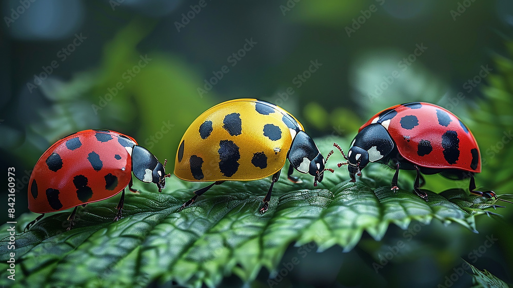 3d rendered three ladybugs on a wet green leaf made with generative AI 3d rendered three ladybugs on a wet green leaf made with generative AI