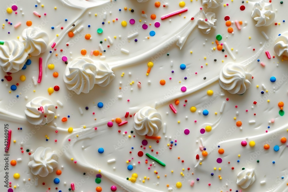 White meringues with colorful sprinkles on white background. White meringues with colorful sprinkles on white background.