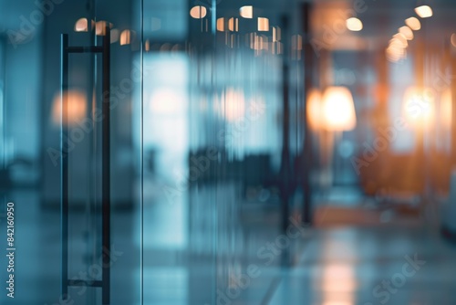 Blurry interior of an office. Defogged working space used as a backdrop or background for business concepts. photo