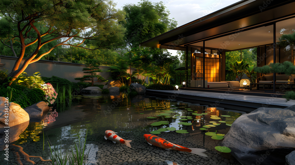 Fototapeta premium Serene Japanese Garden with Koi Pond