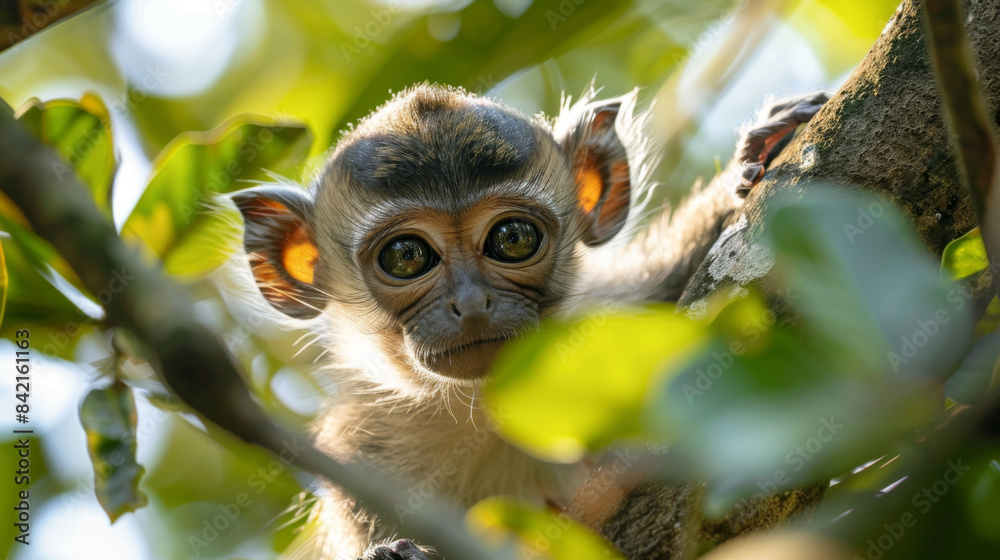 Obraz premium Close-up of a young monkey with large eyes peering through the leaves in a forest, capturing a curious and adorable expression.