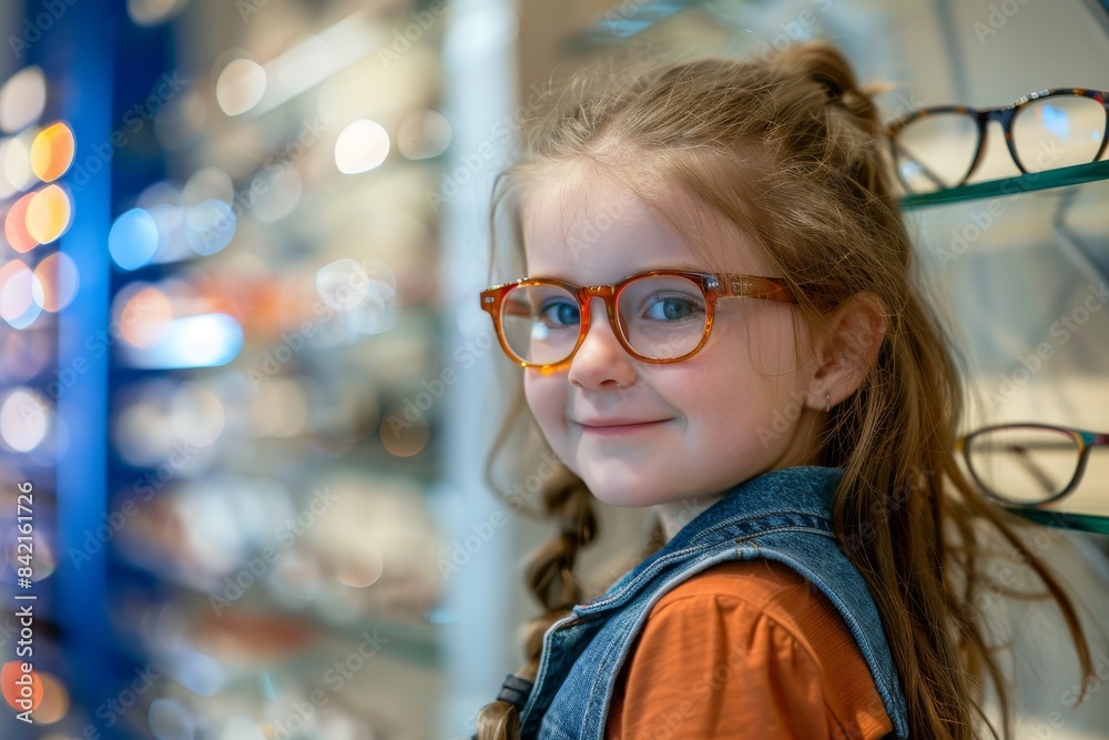 Smiling girl with glasses in front of eyewear stand Smiling girl with glasses in front of eyewear stand