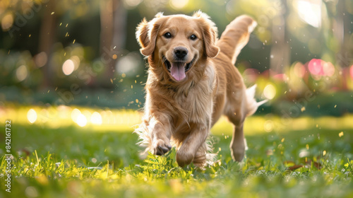 Happy golden retriever running towards the camera in a sunny park with a joyful expression on its face.