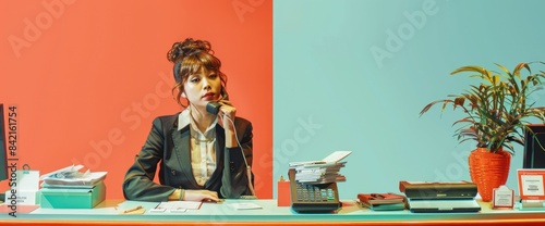 A photo of a woman sitting at a desk in an office, she is wearing a suit and looking at the camera with a serious expression. AIGZ01 photo