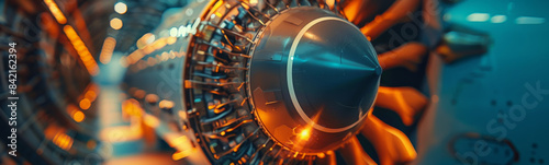 Close-up of a jet engine turbine in an aircraft hangar, highlighting engineering details with warm lighting and blurred background.