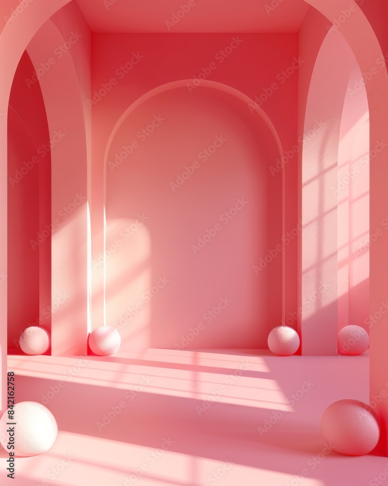 Pink arches and spheres in an abstract interior. Pink arches and spheres in an abstract interior.
