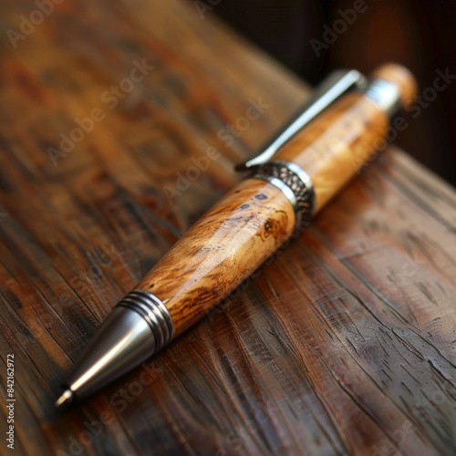Beautifully crafted wooden pen with metal accents placed on a rustic wooden table, showcasing artisanal quality.