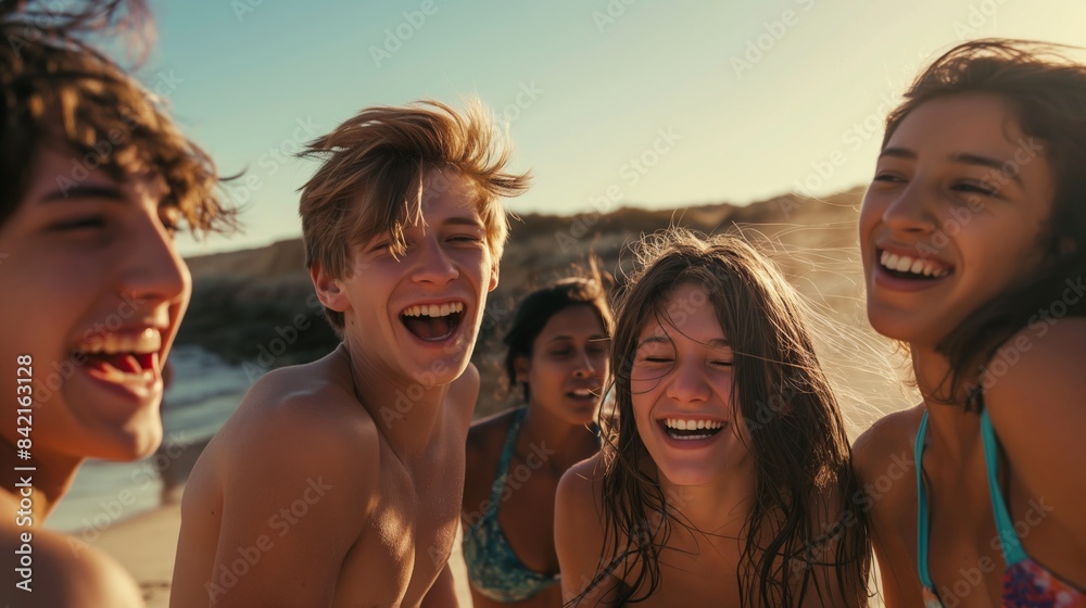 A group of enthusiastic friends having a delightful time at the beach, sharing laughs and making cheerful memories while the sun sets over the ocean waves. Summer vibes and carefreeness fill the air A group of enthusiastic friends having a delightful time at the beach, sharing laughs and making cheerful memories while the sun sets over the ocean waves. Summer vibes and carefreeness fill the air