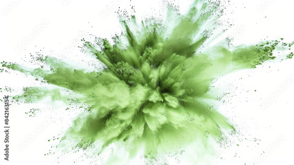 Dynamic green powder explosion captured on a white background, showcasing vibrant colors and energetic movement. This abstract composition is perfect for creative design projects and visual effects.