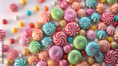 A scattering of bright lollipops and candies in red  pink  yellow  and blue makes a colorful party treat