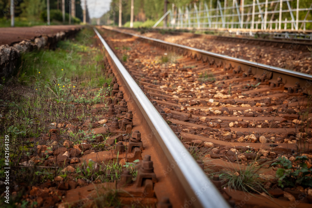 Obraz premium Selective blur on a rail in a train station in the nature, being heavily used by railroad traffic at dusk with warm colors.