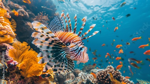 A vibrant lionfish swimming among soft corals with tiny colorful fish in a bright  underwater scene