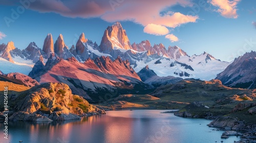 A breathtaking panorama showcases rugged mountain peaks lit by the warm glow of sunrise