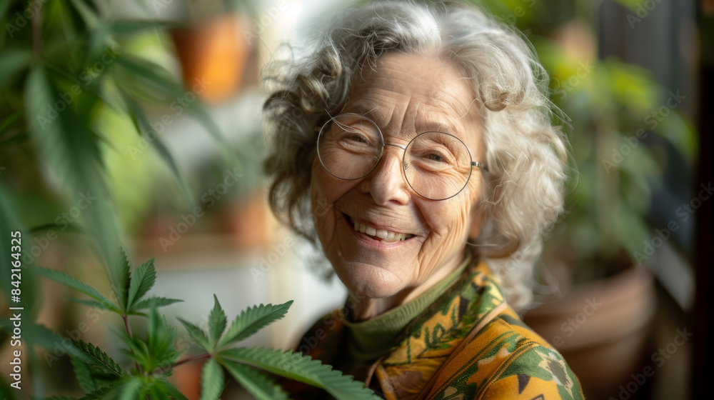 A smiling elderly woman with curly hair and glasses, standing beside a cannabis plant, in a home setting. A smiling elderly woman with curly hair and glasses, standing beside a cannabis plant, in a home setting.