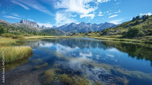 A peaceful and serene mountain lake reflects the surrounding mountains and sky, conveying a sense of calm and beauty