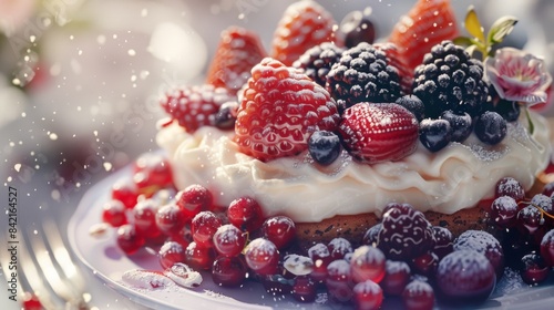 A luscious berry tart topped with a variety of fresh berries on a white plate