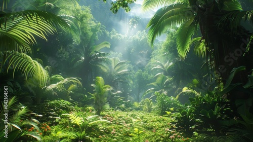 Vibrant and lush greenery displaying sun rays filtering through a dense tropical forest