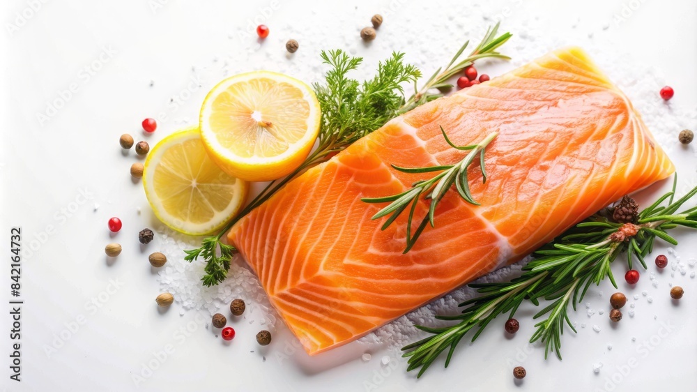 A piece of salmon is on a white background with lemon slices and rosemary A piece of salmon is on a white background with lemon slices and rosemary