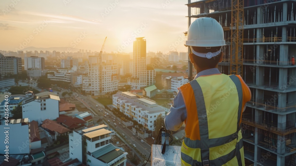 Asian engineer in a white safety helmet inspecting a modern building construction site at sunrise Asian engineer in a white safety helmet inspecting a modern building construction site at sunrise