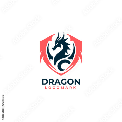 Dragon shield logo icons. Ancient mythical serpent symbol. Mythological beast sign. Vector illustration.