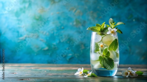 A glass of mint and lemonade with a few flowers on the rim