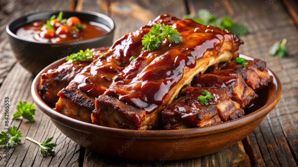 A bowl of ribs with barbecue sauce and a black bowl of sauce