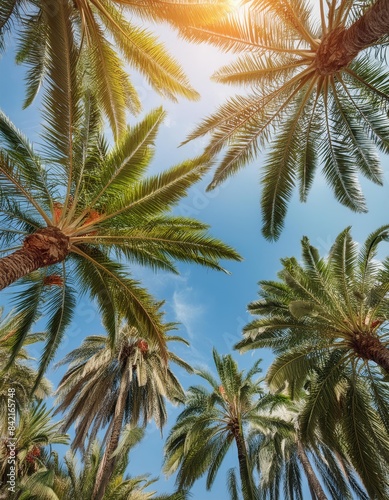 Low angle view of a blue sky with many coconut trees  on a tropical beach  in sunlight