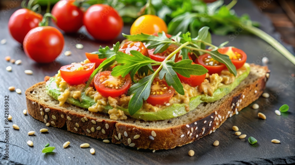 A sandwich with avocado, tomatoes, and greens on a plate A sandwich with avocado, tomatoes, and greens on a plate