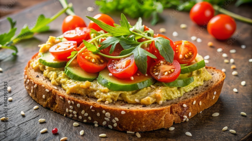 A sandwich with avocado, tomatoes, and greens on a plate A sandwich with avocado, tomatoes, and greens on a plate