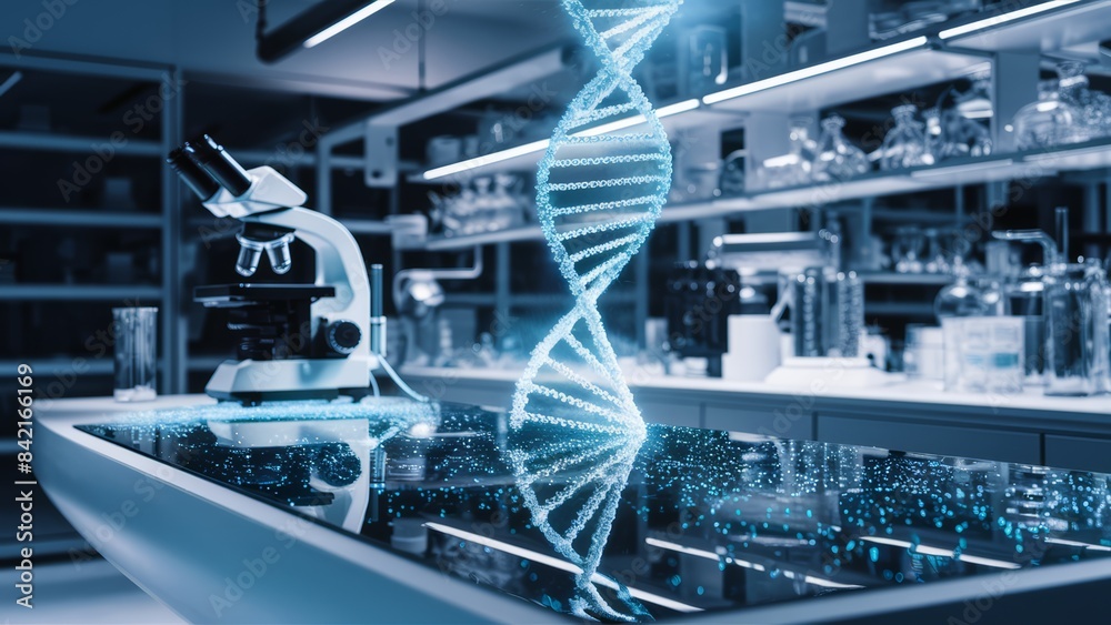 A dna strand on a table in front of some glass, AI A dna strand on a table in front of some glass, AI
