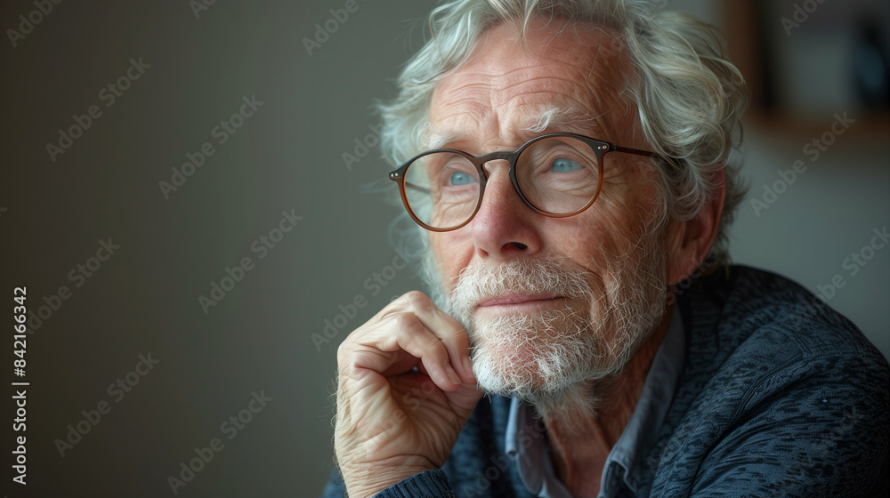 Elderly man with glasses. Thoughtful and reflective in contemplation. People category Elderly man with glasses. Thoughtful and reflective in contemplation. People category