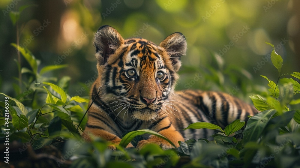 Fototapeta premium A playful tiger cub in a lush jungle