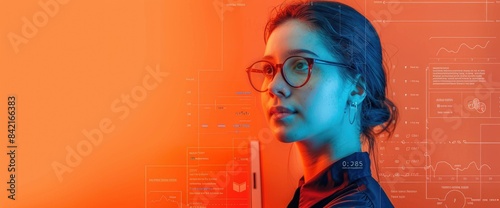 The photo shows a young woman wearing glasses looking thoughtfully into the distance. She is standing in front of a bright orange background. The photo is taken at a close-up angle. photo