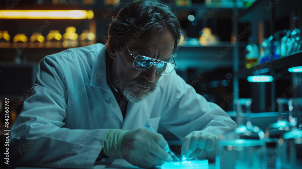 A scientist in a white lab coat and glasses meticulously works on an experiment in a dimly lit laboratory.