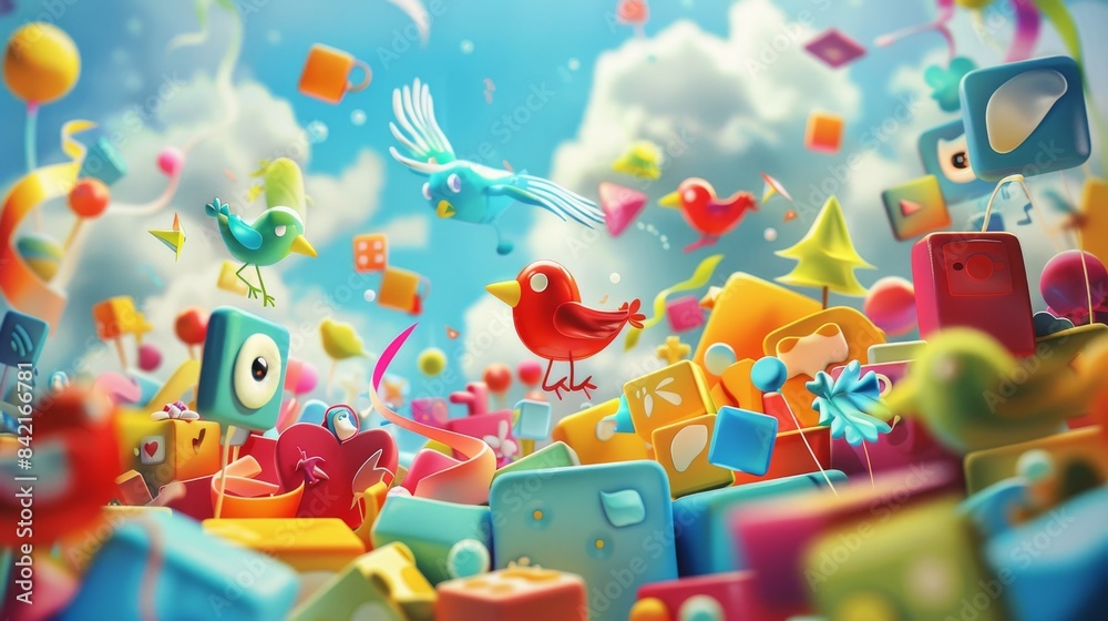 A whimsical and colorful illustration featuring a girl surrounded by floating objects, birds, and toys. A whimsical and colorful illustration featuring a girl surrounded by floating objects, birds, and toys.