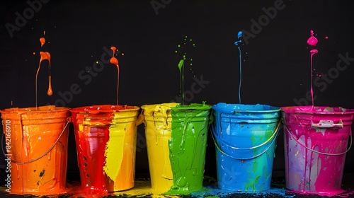 Paint buckets with dripping color. 