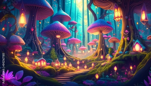 Whimsical fairy garden, with oversized mushrooms, tiny glowing creatures, and magical plants