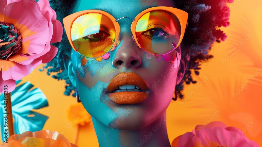 A woman with vibrant blue skin and orange lips wears trendy sunglasses with colorful flowers in the background. A woman with vibrant blue skin and orange lips wears trendy sunglasses with colorful flowers in the background.