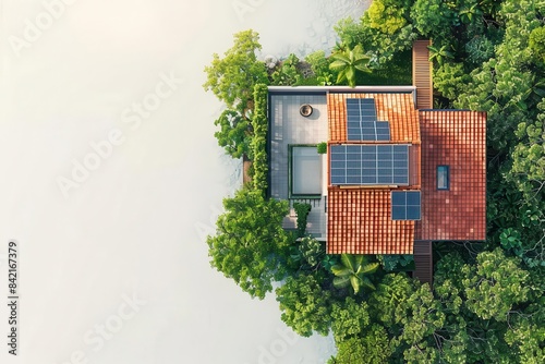 Birds eye view of house with solar panels, sunny day, isolated white background